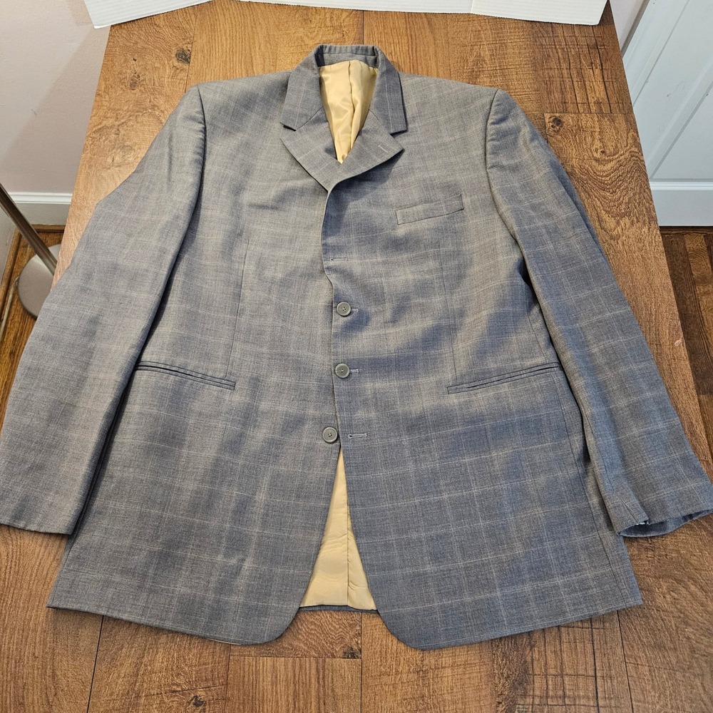 FUBU The Collection Men's Wool Blend Plaid Blazer Sport Coat Size 48L Gray Tan